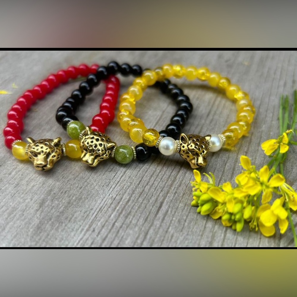 Handmade Leopard Glass Bead Bracelets - Red, Black, Yellow